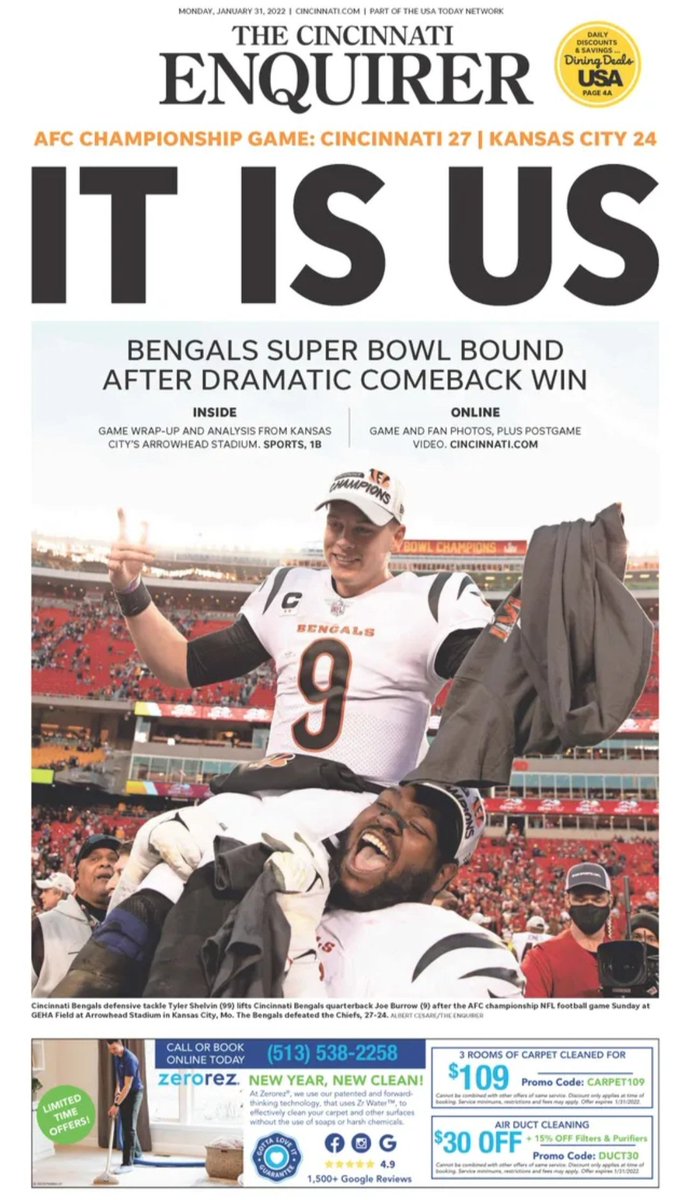 I wanna giveaway 5 Cincinnati Enquirer Newspapers from today (01/31/2022). 

In order to qualify, please Like 🧡, RT 🔁 &amp; give me a Follow 👆. You just have to pay the shipping cost since that cost varies on where you live. 

I will draw names 01/04/2022🐅