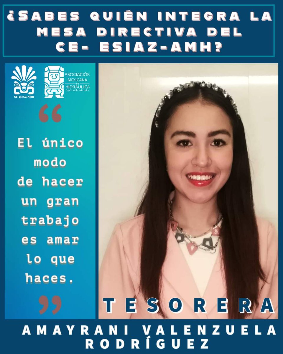 amh_ce's tweet photo. ¿Sabes quién integra la mesa directiva del CE-ESIAZ-AMH?
AMAYRANI VALENZUELA RODRÍGUEZ - Tesorera del CE-ESIAZ-AMH.

Elaboración de Marisol Marcial Directora del equipo de "Creadores de Contenido" 👷🤳
 #todossomosagua💧 #creadoresdecontenido #CEAMH #ceesiazamh #ceesiaz https://t.co/pnXiAwuHv0