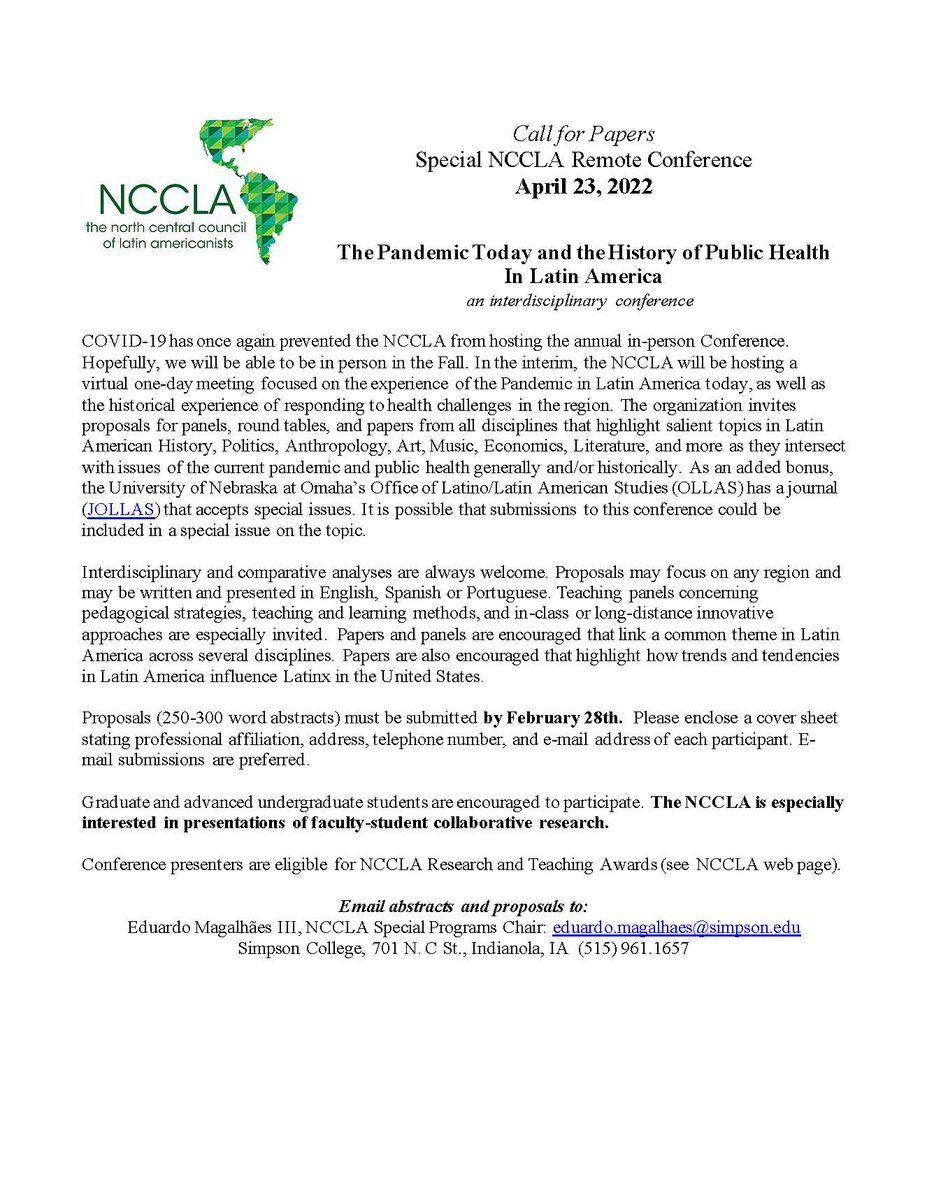 Dr. CristiƔn DoƱa-Reveco (@cristiandona) on Twitter photo Do not miss this CFP: The Pandemic Today and the History of Public Health in Latin America. A North Central Council of Latin Americanists' special one-day Remote Conference on April 23, 2022. Deadline for 250-300 word abstracts Feb. 08, 2022. @LASACONGRESS <a href="/ASALatSoc/">ASA Latina/o Soc</a> <a href="/_IUPLR/">Inter-University Program for Latino Research</a> Do not miss this CFP: The Pandemic Today and the History of Public Health in Latin America. A North Central Council of Latin Americanists' special one-day Remote Conference on April 23, 2022. Deadline for 250-300 word abstracts Feb. 08, 2022. @LASACONGRESS <a href="/ASALatSoc/">ASA Latina/o Soc</a> <a href="/_IUPLR/">Inter-University Program for Latino Research</a>