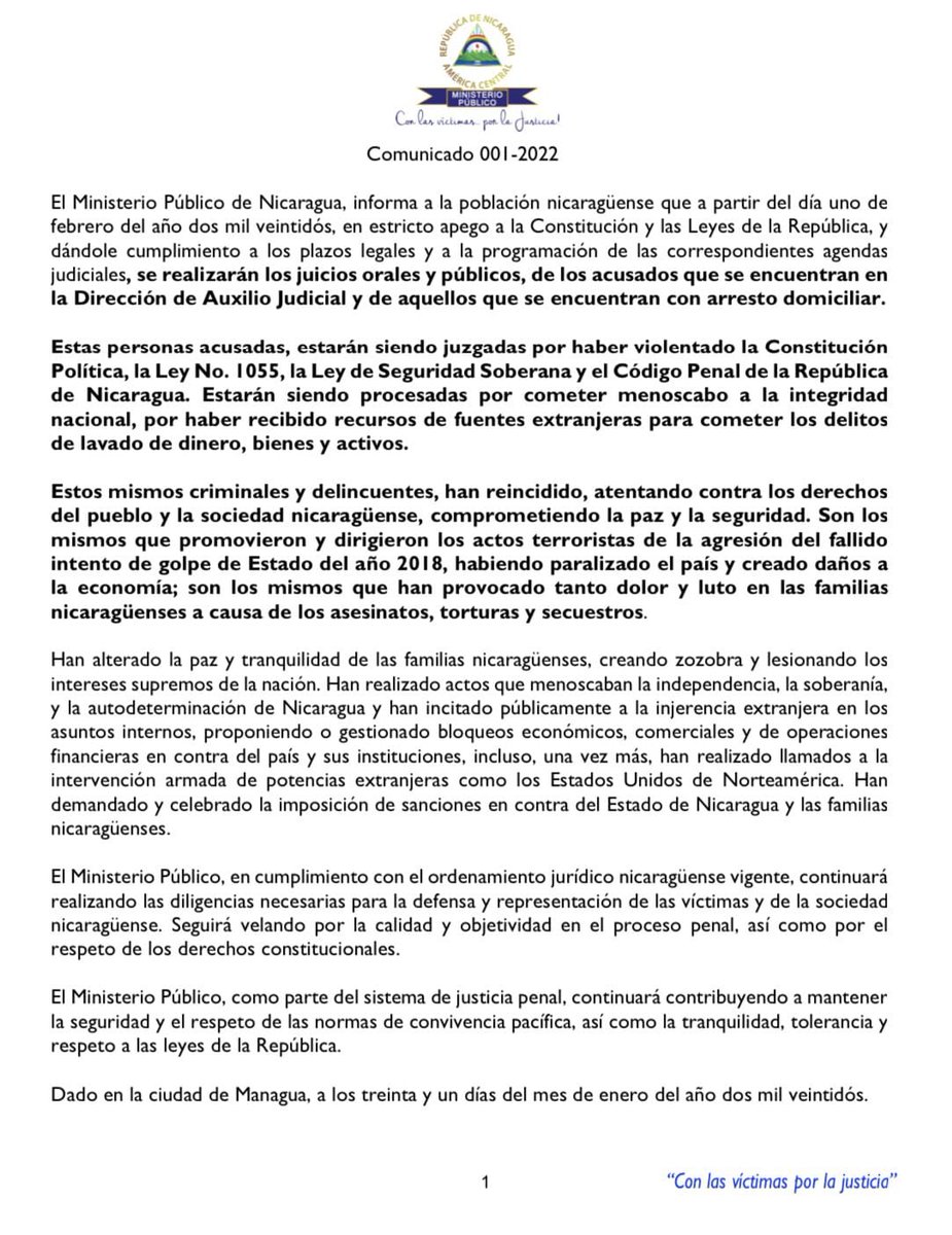 nicaclic's tweet photo. Juicios orales y "públicos" que no han terminado pero el Ministerio Público de la dictadura Sandinista ya los condenó, con el hecho de llamarlos criminales y delincuentes.

Linda imparcialidad e independencia de la "fiscalía"
#SOSNicaragua
@TAMARA_SUJU @Csanchezberzain @CIDH https://t.co/BvEDofYLw8