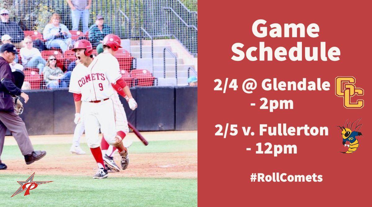 Palomar College Baseball (@palomarbaseball) on Twitter photo After a split with Golden West, the #Comets have 2 games scheduled for this week:
Friday <a href="/VaqueroBaseball/">Glendale CC Baseball</a>
📍Casey Stengel Field - Glendale, CA
⏰ 2pm
Saturday v. <a href="/full_hornet/">FullHornetBaseball</a>
📍Palomar College - San Marcos, CA
⏰ 12pm
#RollComets After a split with Golden West, the #Comets have 2 games scheduled for this week:
Friday <a href="/VaqueroBaseball/">Glendale CC Baseball</a>
📍Casey Stengel Field - Glendale, CA
⏰ 2pm
Saturday v. <a href="/full_hornet/">FullHornetBaseball</a>
📍Palomar College - San Marcos, CA
⏰ 12pm
#RollComets