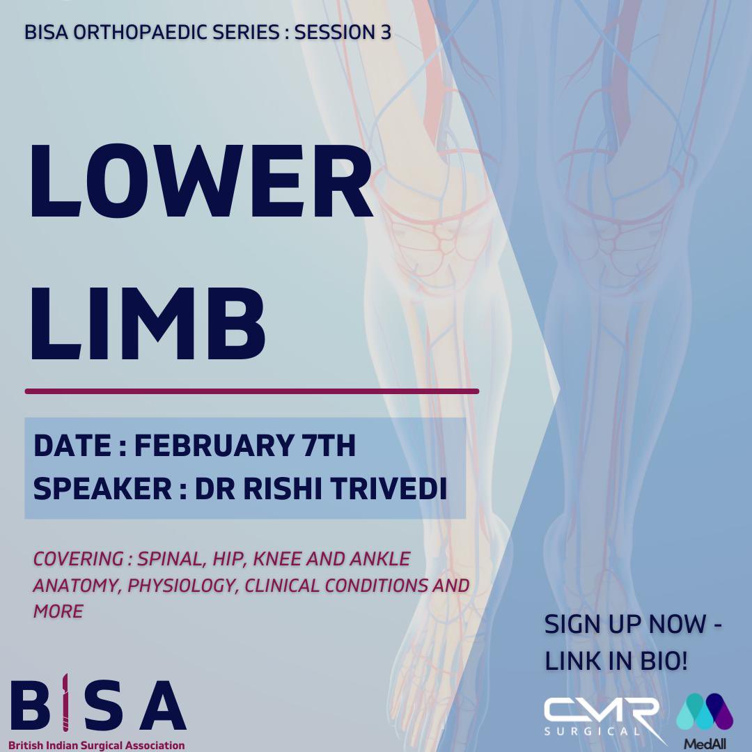 Presenting the final session of our orthopaedic series - the lower limb!

When: 7th Feb 7-8pm
Where: Zoom

Covering spinal, hip, knee and ankle anatomy, physiology and clinical conditions like Cauda Equina syndrome, NOF fractures, ACL tears and more.Sign up using the link in bio!