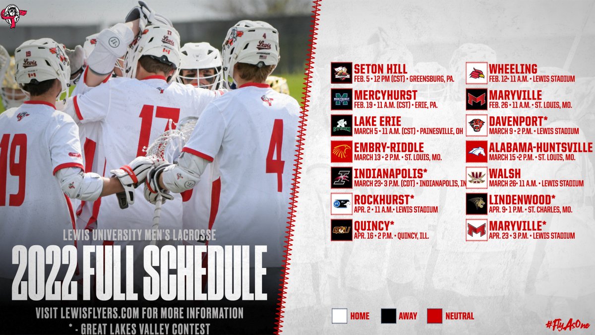.<a href="/LewisMLax/">Lewis Men's Lacrosse</a> begins its 3rd season of play this Sat. at No. 7 Seton Hill. The Flyers will play 14 games in 2022 with 5 teams ranked in the preseason USILA Top 20 poll. Lewis will play 5 home games at Lewis Stadium this season. The Flyers home opener is Feb. 12 #GLVCmlax #FlyAsOne