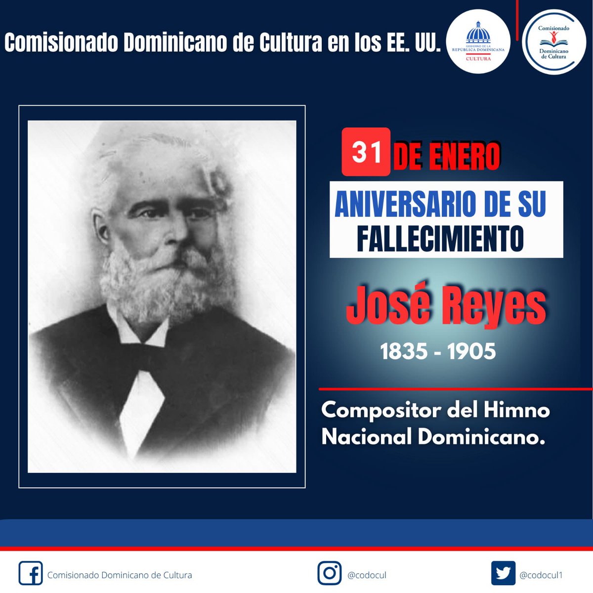 codocul1's tweet image. El Comisionado Dominicano de Cultura en los EE.UU. recuerda el 117 aniversario del fallecimiento del músico y compositor del Himno Nacional Dominicano, José Reyes.
.
.
.
@luisabinader @miculturard @MilagrosGermanO @greyderaful @carmenherediadg @jose_paliza @LourdesBatista7
