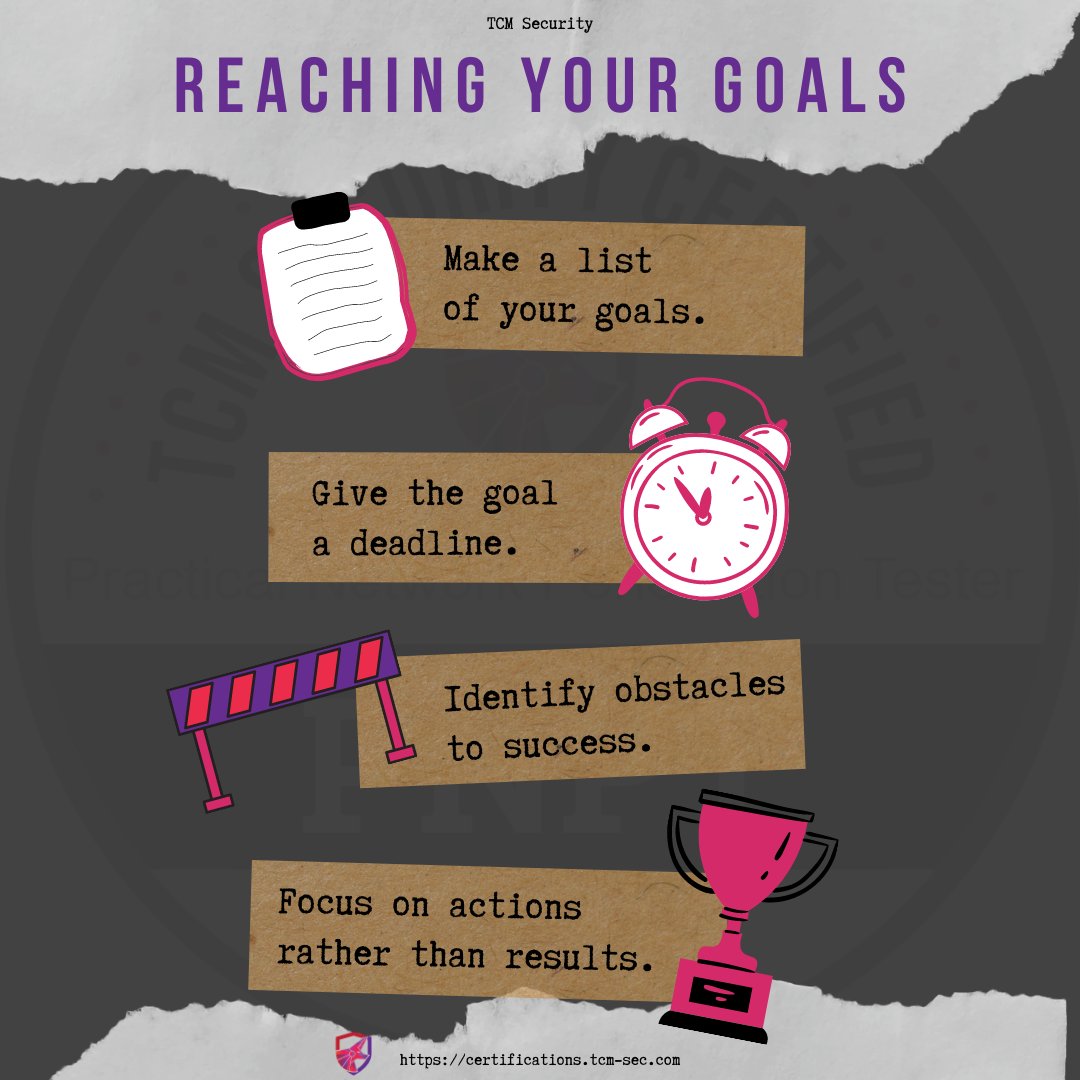 Other helpful tips for reaching your goals: Take a lot of notes. Take your time. Stop comparing yourself to others. You've got this! certifications.tcm-sec.com
