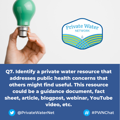 nehaorg's tweet photo. Q7. Identify a private water resource that addresses public health concerns that other might finds useful. This resource could be a guidance document, fact sheet, article, blogpost, webinar, YouTube video, etc. #PWNChat https://t.co/itIMC3yvWi