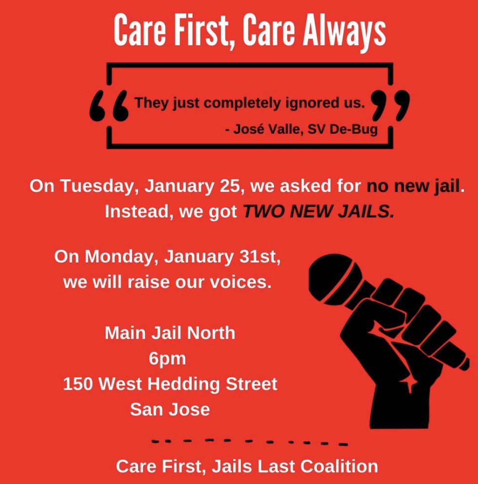 svdebug's tweet image. The movement to stop the new Santa Clara County jail (AKA the "Jeff Smith Mass Incarceration Center") and to invest in community solutions - is stronger than ever. Come through as the coalition holds space in front of the jail to show solidarity with those inside. #CareNotCages