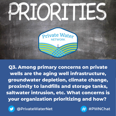 nehaorg's tweet photo. Q3. Among primary concerns on private wells are the aging well infrastructure, groundwater depletion, climate change, proximity to landfills and storage tanks, saltwater intrusion, etc. What concerns is your organization prioritizing and how? #PWNChat https://t.co/n0Ledb5bEx