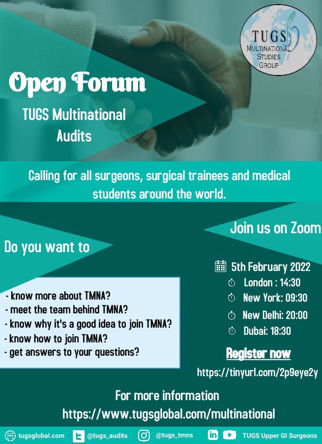 We are pleased to invite you to our 1st Open Forum on Saturday 5th Feb. 14:30 UK. Join us, meet our team and get to know more about <a href="/tugs_audits/">TUGS Multinational Audits</a> 
Register here: tinyurl.com/2p9eye2y  <a href="/T4UGIS/">TUGSS</a>