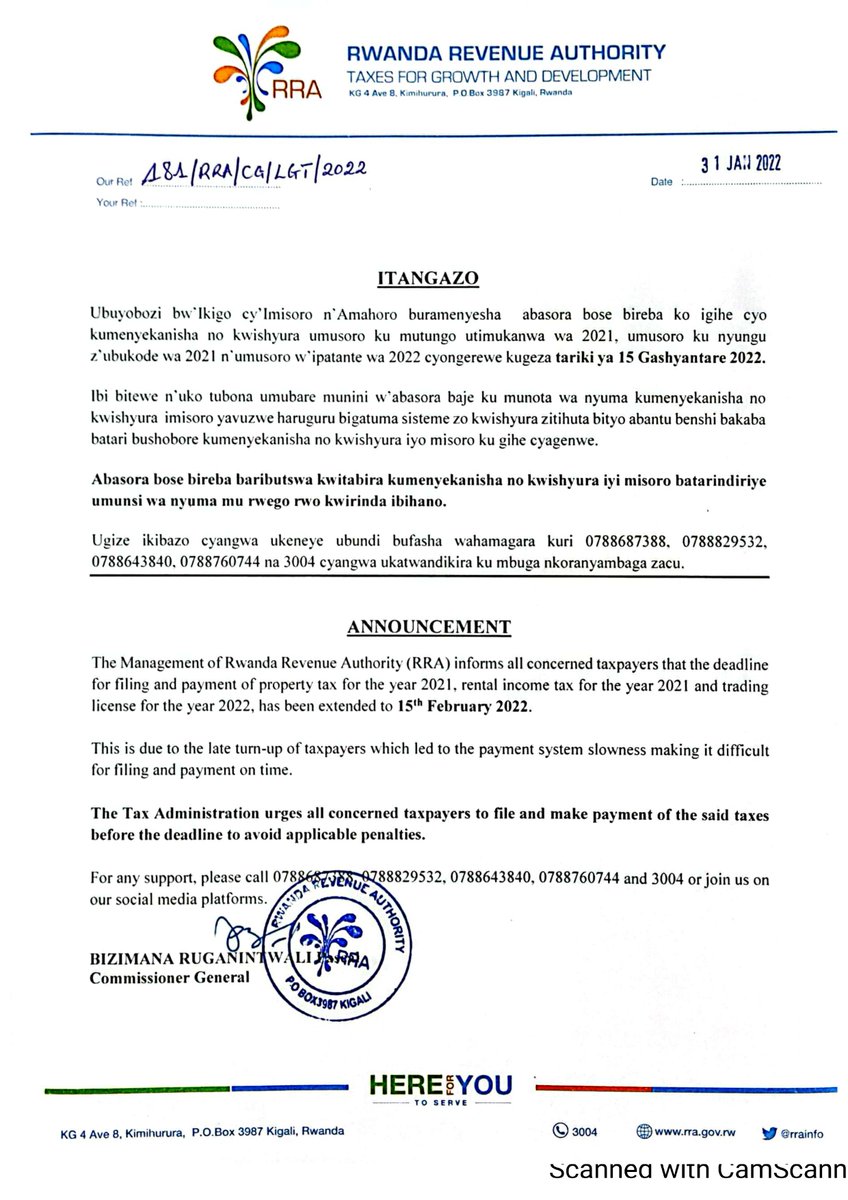 The deadline for declaration and payment of property tax 2021, rental income tax for 2021 &amp; trading license for 2022 has been extended to 15/02/2022, due to late turn-up of taxpayers which led to systems slowness, making it difficult for filing and pay on time.