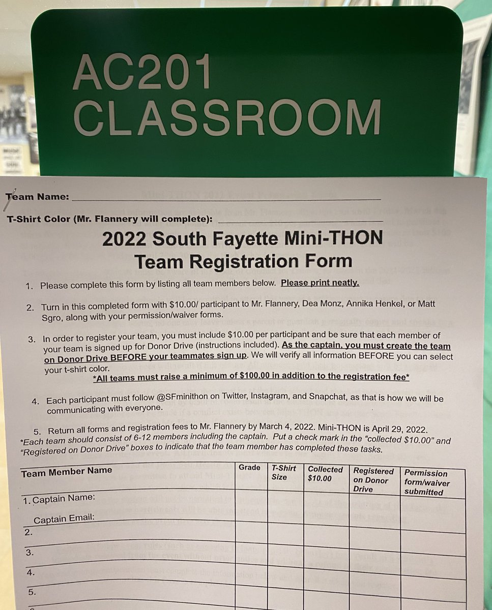 REGISTRATION IS OPEN!! Get a group of 6-12 kids and stop into Mr. Flan’s room to pick up a packet!! Team t-shirt color is picked on a first-come-first-serve basis, so sign up now!!! #FTK #milliondollaryear
