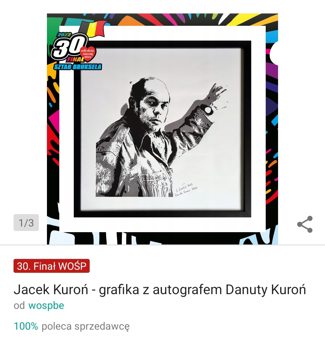 WOSPbe's tweet photo. Zostało ostatnie 3️⃣0️⃣ na licytacje grafiki Jacka Kuronia przygotowaną przez Sylwia Mużyło Art z autografem Danuta Kuroń oraz Sylwia Mużyło.
Nie przegapcie tego wyjątkowego artystycznego dzieła.
Link do aukcji:
https://t.co/fBduJ0AI7O https://t.co/5LL9fiZB3n