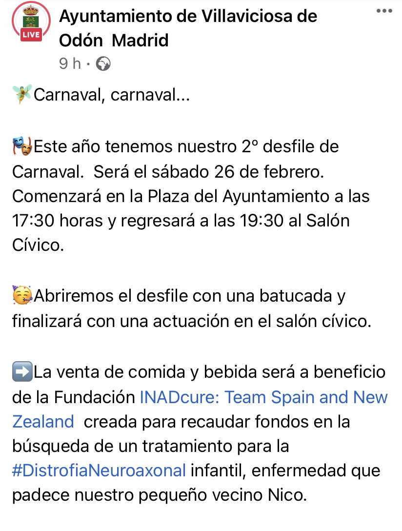 Emocionados con esta iniciativa. Gracias 🙏🏻 por el apoyo de nuestros vecinos de #villaviciosadeodon
CARNAVAL 2022 🎭🥁
𝐋𝐚 𝐯𝐞𝐧𝐭𝐚 𝐝𝐞 𝐜𝐨𝐦𝐢𝐝𝐚 𝐲 𝐛𝐞𝐛𝐢𝐝𝐚 𝐬𝐞𝐫𝐚́ 𝐚 𝐛𝐞𝐧𝐞𝐟𝐢𝐜𝐢𝐨 𝐝𝐞 nuestra Asociación #inadcurespain .
#ayudemosanico 
<a href="/Aytovilladeodon/">Ayuntamiento de Villaviciosa de Odón</a>