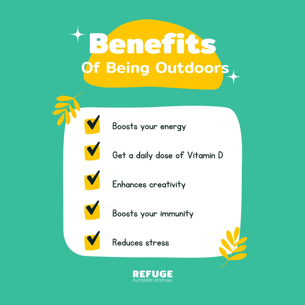 RefugeOutdoor's tweet photo. The outdoors can do wonders to better your life! Here are just some of the many ways you can benefit from spending a little time outside. Can you think of any others?
 #RefugeOutdoorFestival https://t.co/r7RW6TFKGA