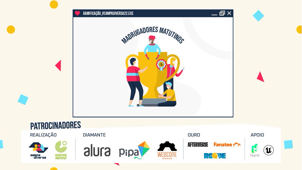 SampaDiversa's tweet photo. Jammers, vamos anunciar a equipe vencedora da gamificação da #SampaDiversa22. Depois de uma disputa acirrada, os Madrugadores Matutinos ganharam, e vão levar os prêmios das nossas patrocinadoras diamante, @AluraOnline e Pipa!
Parabéns, e esperamos vocês de volta no ano que vem! https://t.co/Zk9b4WLFPG