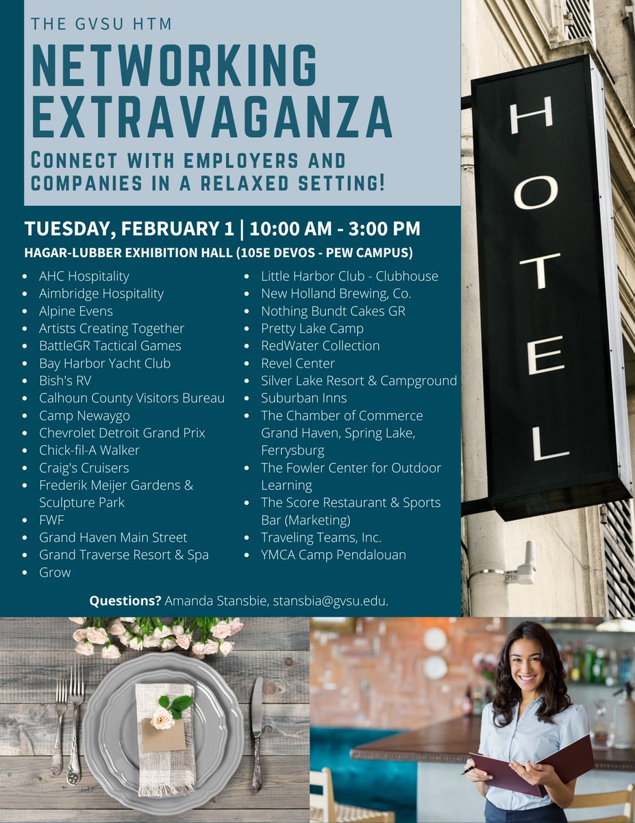 #GVSUHTM is excited to announce that the NETWORKING EXTRAVAGANZA is just one day away! Join us tomorrow, Tuesday, February 1, 10:00am - 3:00 pm, to engage with employers about job and internship opportunities! #EngageEnrichTransform