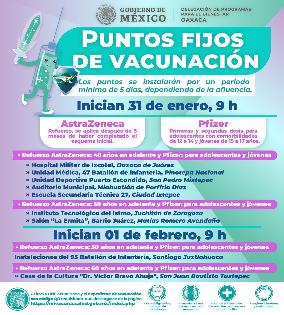 A partir de hoy, se instalarán puntos fijos de vacunación en diferentes municipios, su operación será de mínimo 5 días dependiendo de la afluencia de asistentes. 
#MeVacunoXOaxaca