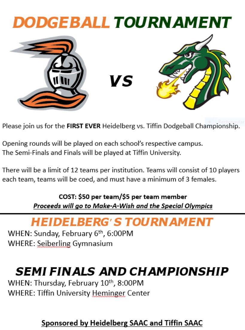 🚨BERG VS TIFFIN TOURNAMENT🚨

Join us for the first ever dodgeball tournament between Heidelberg and Tiffin University. Open to all students!Find you and 9 other friends to form a team! More info below. If interested here is the link to sign up!
docs.google.com/forms/d/e/1FAI…