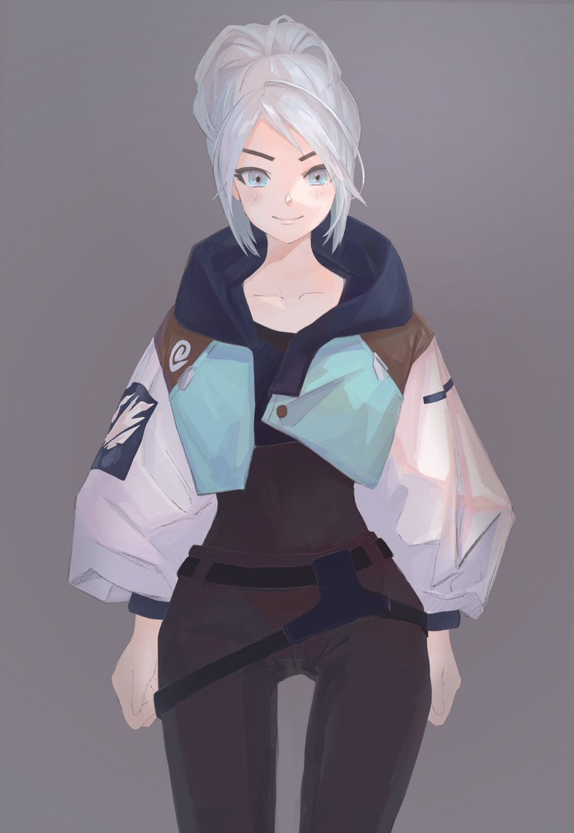 1girl solo cropped jacket smile jacket animification grey background  illustration images