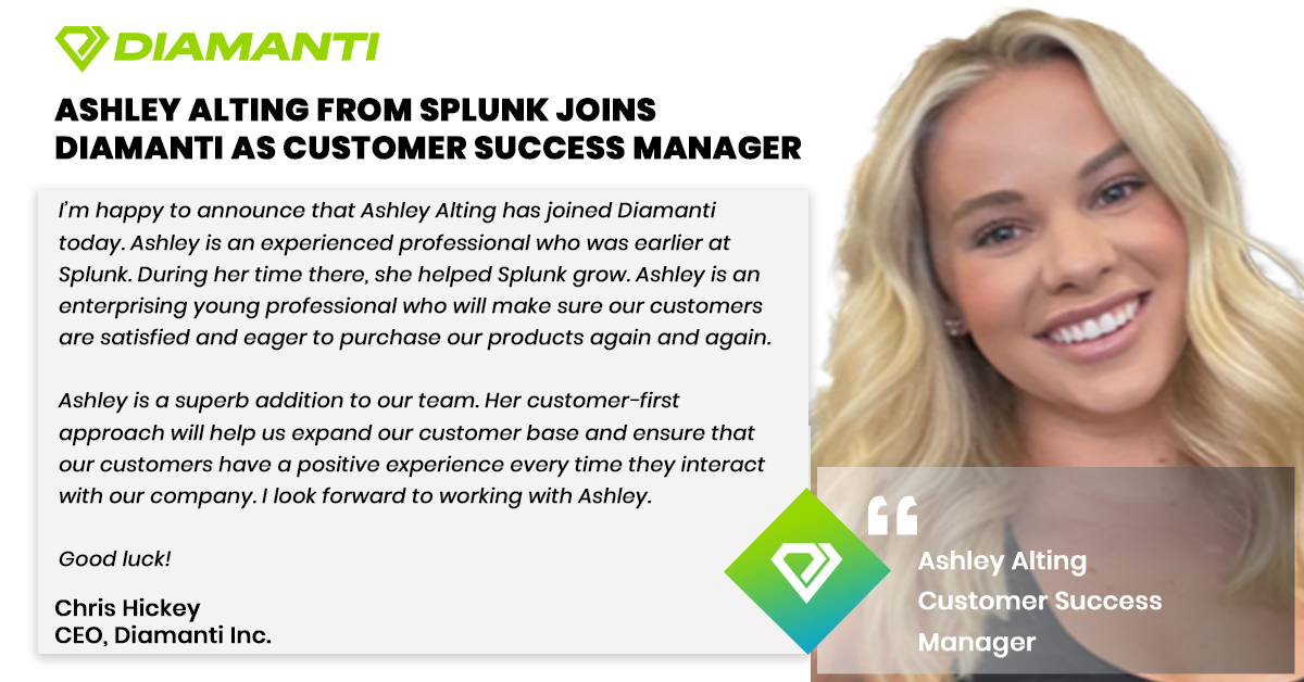Today, we gladly welcome Ashley Alting to our team. She joins us from Splunk and would be instrumental in spearheading the growth of our company. Welcome to the team, Ashley! Visit bit.ly/3DjIzl9 

#hr #kudos #thankyou #teamwork #success #growth #diamanti