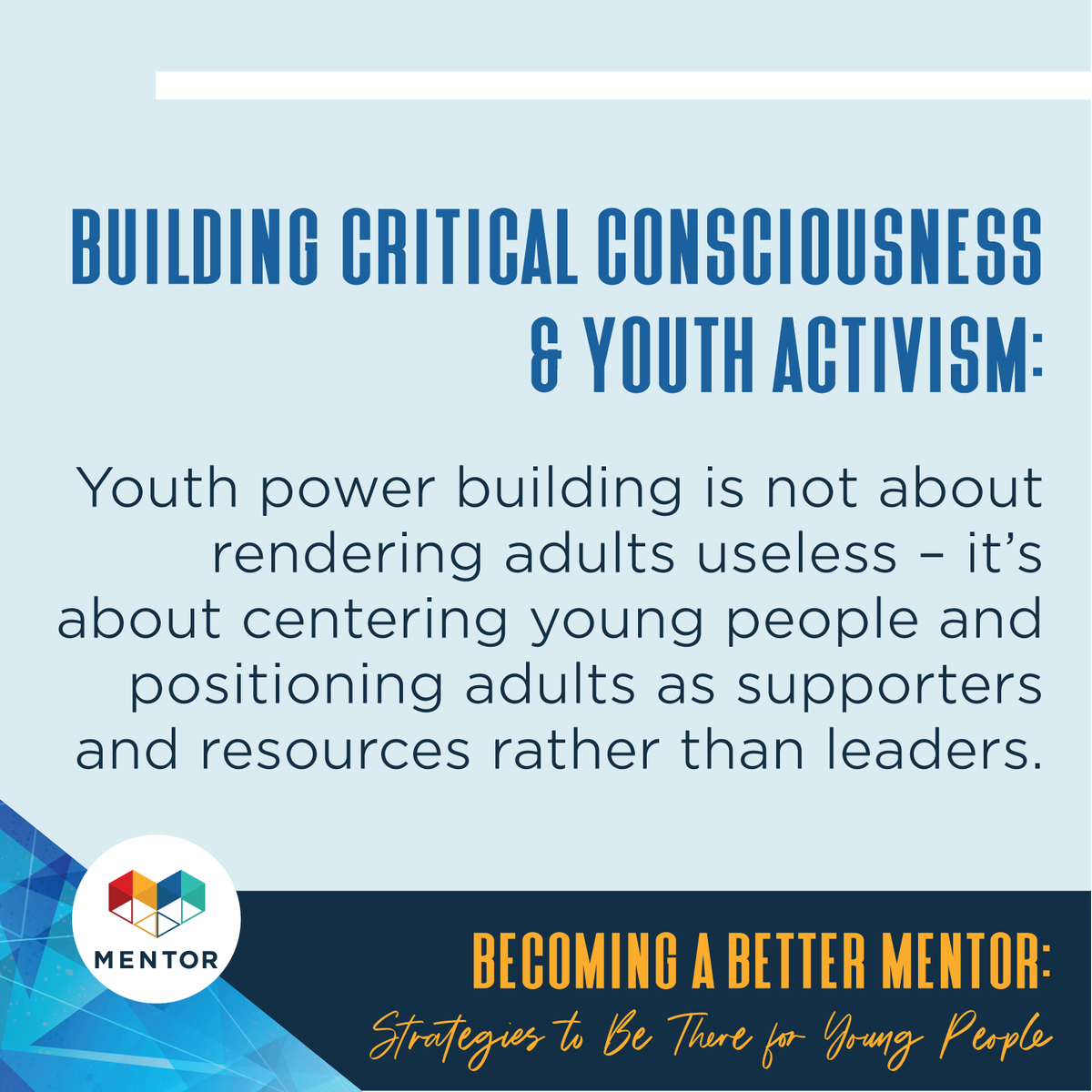 MENTORnational's tweet photo. Young people have a lot to say, and mentors have a responsibility to elevate their perspectives. Want to learn how? Check out Becoming a Better Mentor, @MENTORnational’s free resource for mentors: https://t.co/s7rgNkEad6 #MentoringAmplifies @LizNarratives #BetterMentor https://t.co/OHB238zMmq