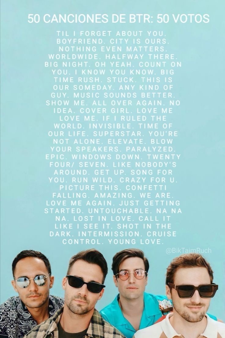 BikTaimRuch's tweet photo. ¡Rushers, sumemos votos juntes!

En la imagen encontrarán 50 canciones de BTR (oficiales y unreleased) que nos ayudarán a sumar 50 votos, no olviden utilizar los # para sumar votos 🤍

I Vote #Rushers for #BestFanArmy at the #IHeartAwards https://t.co/iIytKlz0HM
