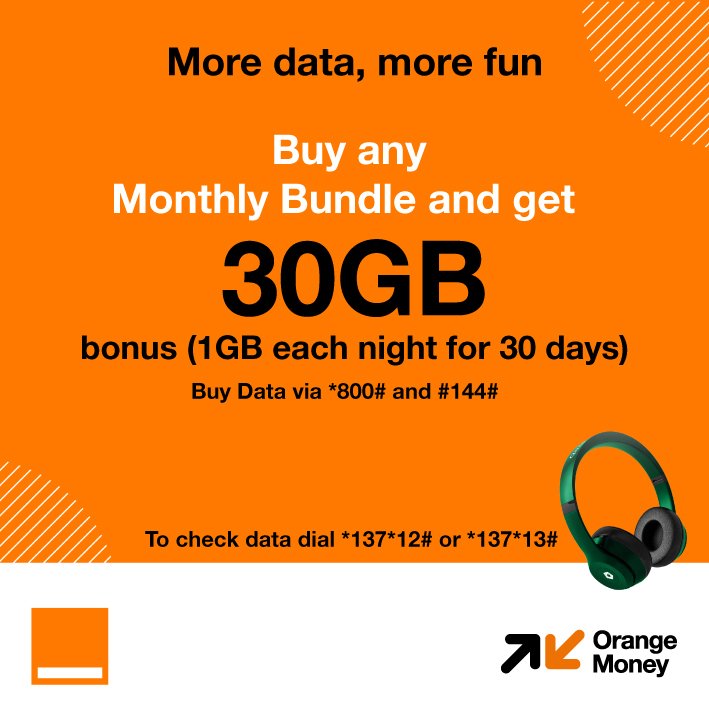 Orange_sierra's tweet photo. Get more data to share all the fun moments with friends and family. 🤳📸
Subscribe to any of our monthly packages and get 30GB bonus
To enjoy buy data via *800# and #144#
To check your data balance dial *137*12# or *137*13#
#moredatamorefun
#Orange
#OrangeMoney https://t.co/HDJOeZLL7q