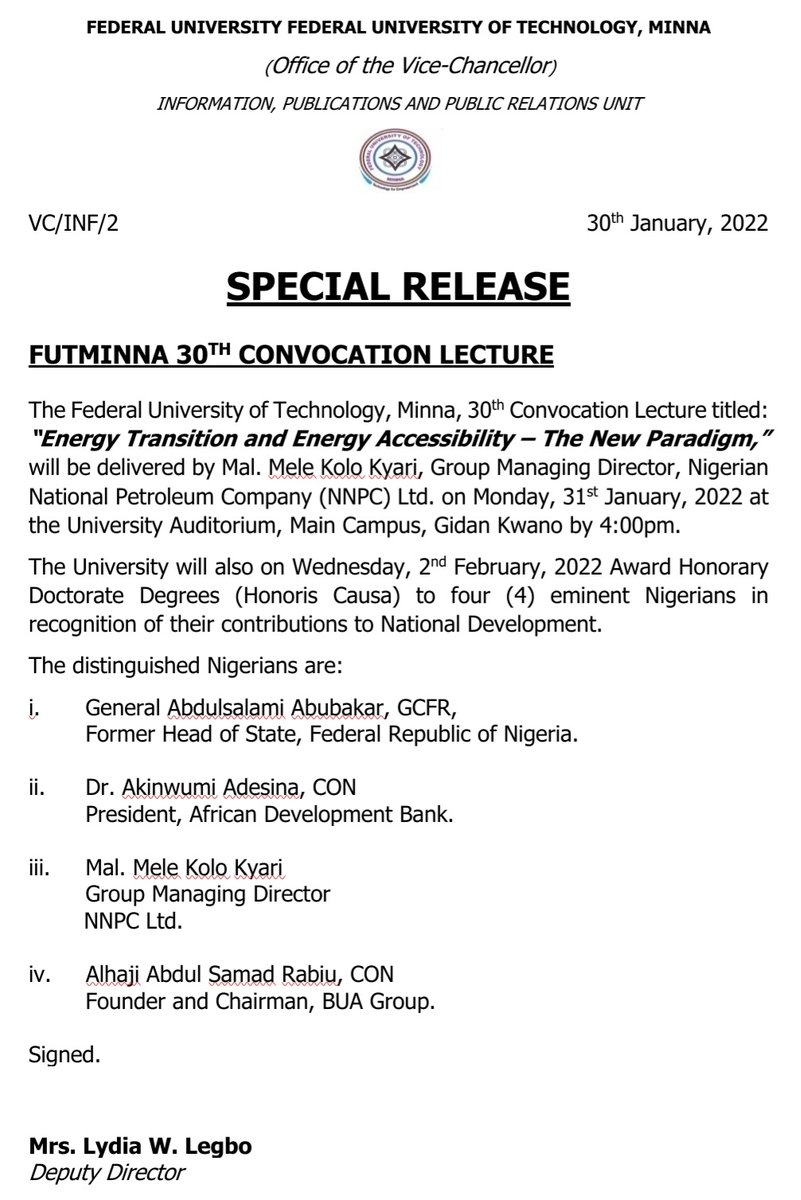 UmarMeremi's tweet photo. #HappeningToday
#NNPCgroup CEO @MKKyari Delivers FUT Minna's 30th Convocation Lecture Today
He'll speak on the Topic: Energy Transition and Accessibility:
New paradigm
#FUTMinna #NNPCLtd #NewNNPC https://t.co/k6BGknr0sJ