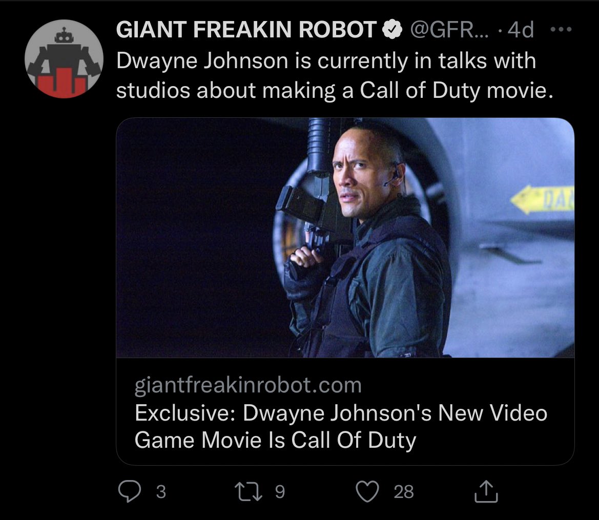 ModernWarzone's tweet photo. Dwayne The Rock Johnson is in talks with studios to make a Call of Duty movie 🤯

Via @GFRobot https://t.co/22864phHuJ