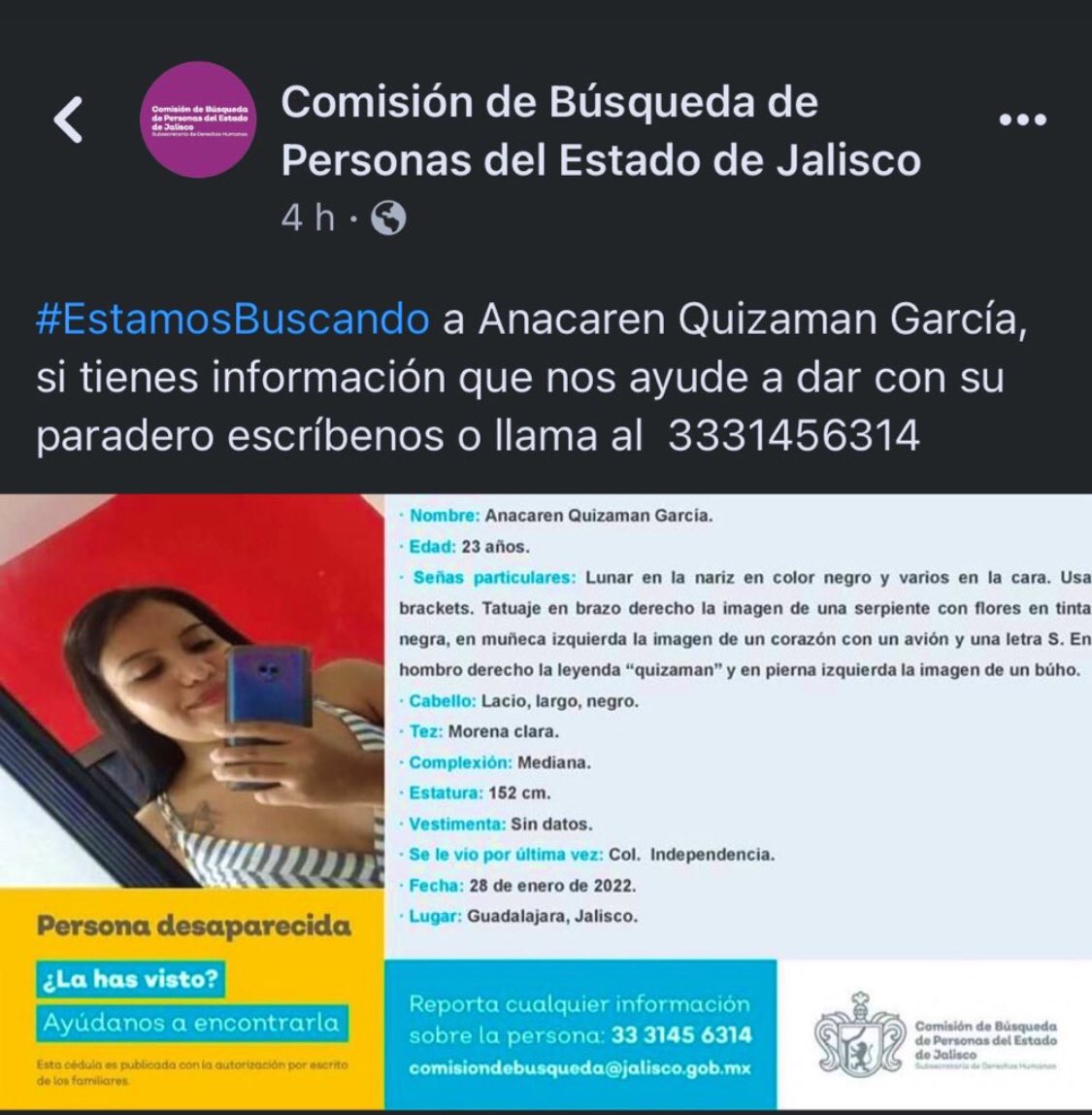 Amigos de #Guadalajara agradecería me ayudaran a compartir, el ultimo contacto con ella fue el viernes 28 de enero