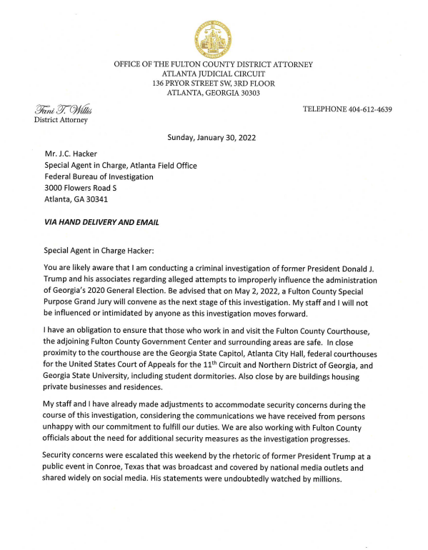 Joe Henke On Twitter DA Fani Willis Wrote This Letter To The FBI 