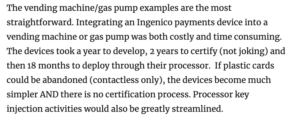 Insight from <a href="/noyesclt/">Tom Noyes</a> on the commercial impacts of phasing out plastic cards in favour of contactless. Especially relevant for the US market. blog.starpointllp.com/?p=5109