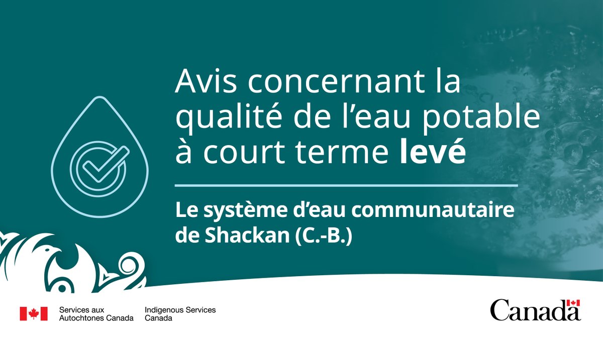 GCAutochtones's tweet photo. L'avis à court terme sur la qualité de l'eau potable touchant le système d’eau communautaire de Shackan (C.-B.) en vigueur depuis novembre 2021 en raison d'inondations, a été levé le 21 janvier 2022. https://t.co/mreqU8nWhp #InfraPN https://t.co/hyrU5K1Jsl