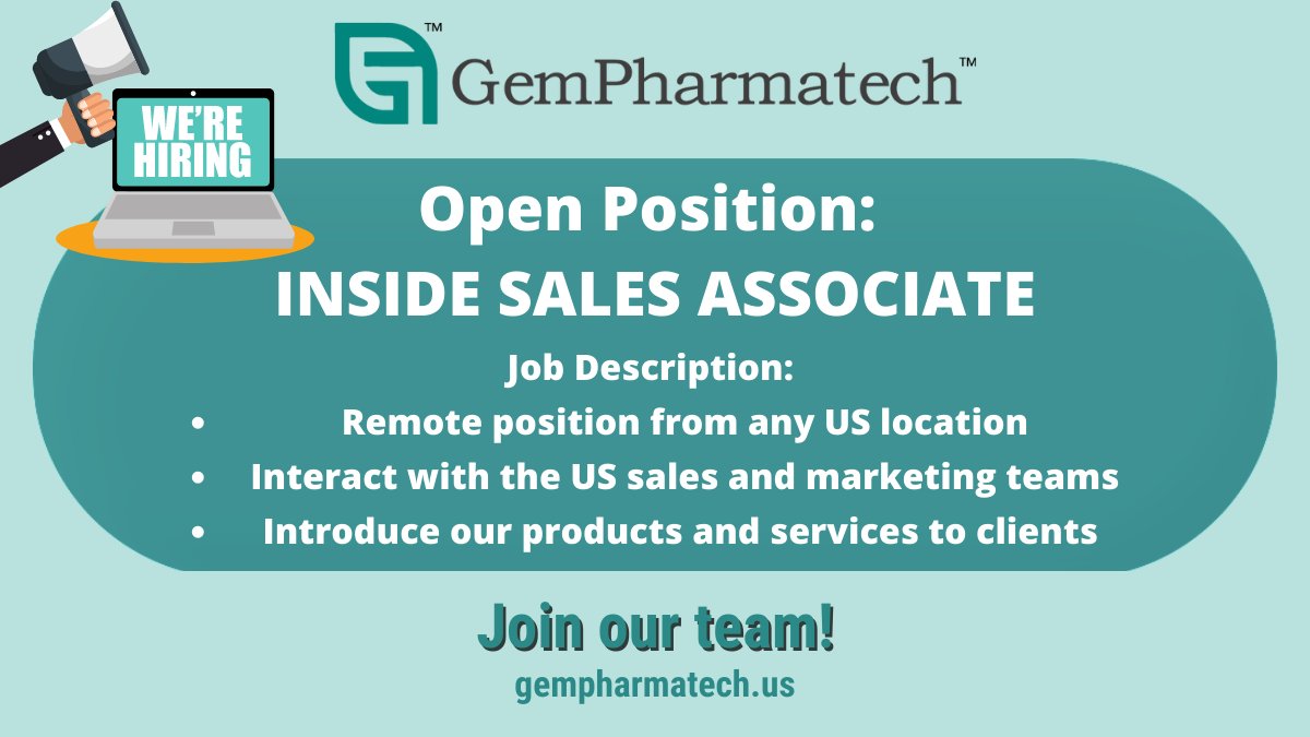 GPharmatech's tweet image. Career Opportunities:
We are currently recruiting for an Inside Sales Associate. In this position, you will play an integral part in continuing our success by interacting with our US sales and marketing teams and introducing our products and services to our prospective customers.