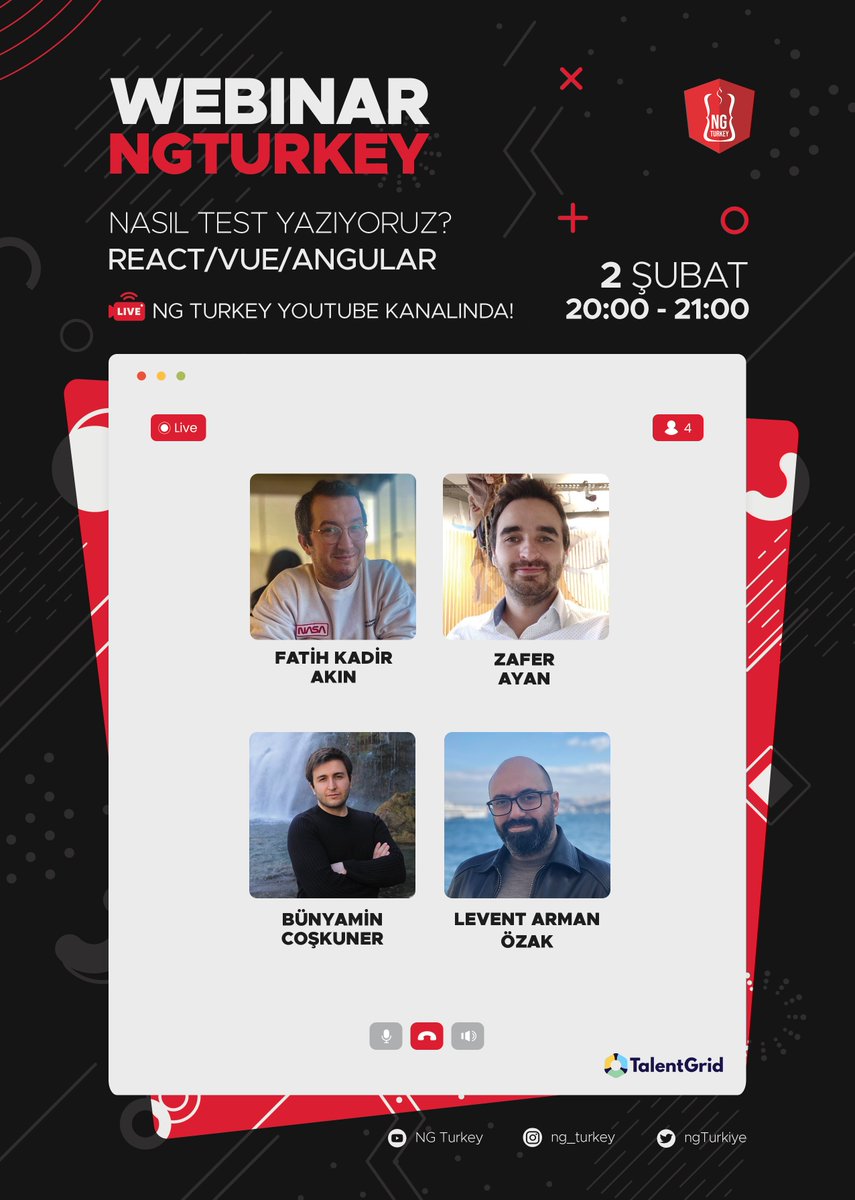 Angular Turkey (@ngturkiye) on Twitter photo 📣📢 Etkinlik Duyurusu 📣📢
2 Şubat Çarşamba akşamı YouTube kanalımızda "Nasıl Test Yazıyoruz?" konusunu React/Vue için <a href="/ZaferAyan/">Zafer Ayan</a> ve <a href="/fkadev/">fatih kadir akın</a>, Angular için <a href="/ArmanOzak/">Levent Arman Özak</a> ve <a href="/bnymncoskuner/">Bünyamin Coşkuner</a> katılımlarıyla konuşacağız. Bu etkinlik kaçmaz 🥳
Etkinlik linki: youtube.com/watch?v=6Tdkuh… 📣📢 Etkinlik Duyurusu 📣📢
2 Şubat Çarşamba akşamı YouTube kanalımızda "Nasıl Test Yazıyoruz?" konusunu React/Vue için <a href="/ZaferAyan/">Zafer Ayan</a> ve <a href="/fkadev/">fatih kadir akın</a>, Angular için <a href="/ArmanOzak/">Levent Arman Özak</a> ve <a href="/bnymncoskuner/">Bünyamin Coşkuner</a> katılımlarıyla konuşacağız. Bu etkinlik kaçmaz 🥳
Etkinlik linki: youtube.com/watch?v=6Tdkuh…