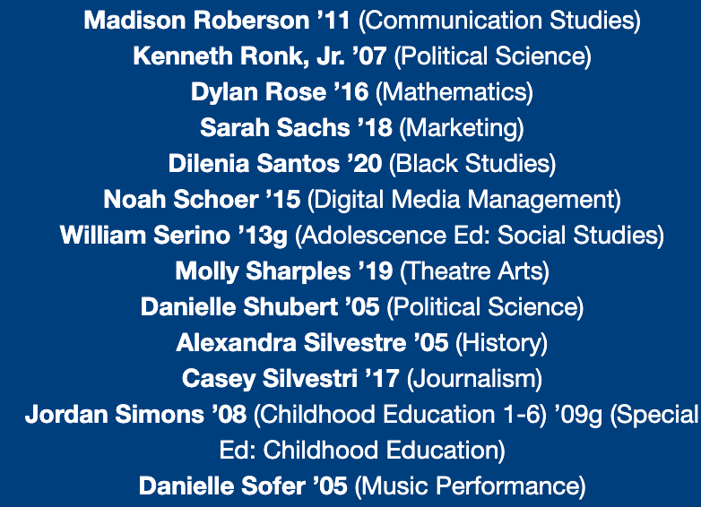 NewPaltzAlumni's tweet photo. Please join us in applauding our 40 Under Forty nominees for 2022! We are proud of you all
We would also like to extend our apologies to Jabari Dash '20 as his name was accidentally excluded from the original list. Daytona Papetti Melo's name was edited as well.
#npalumni https://t.co/lHxFVNXPkp