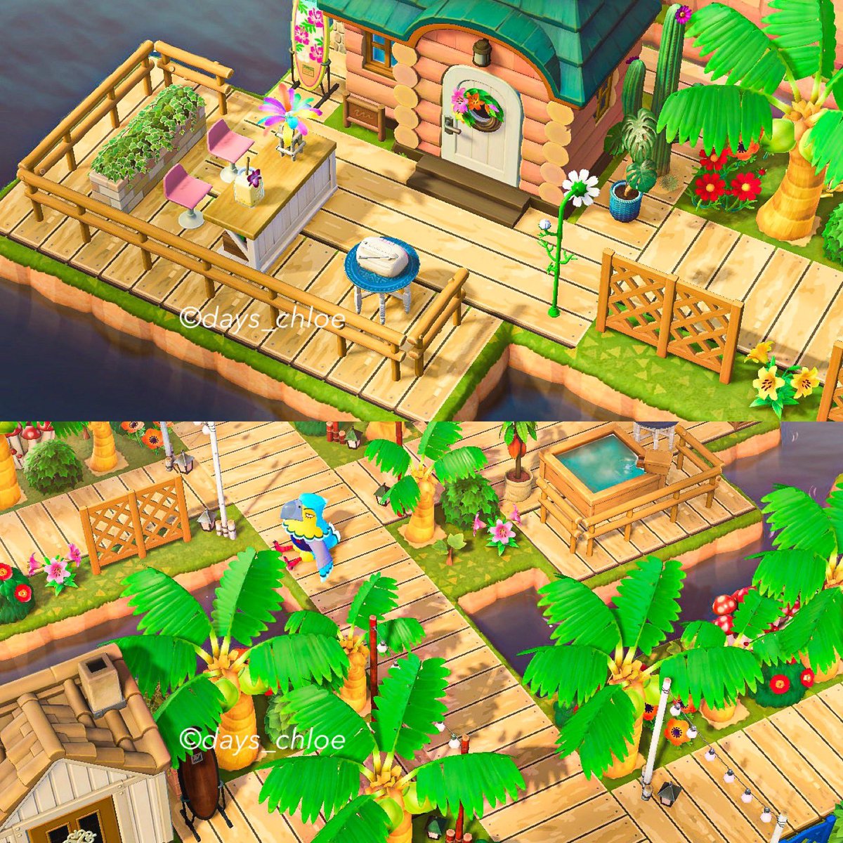 days_chloe's tweet photo. Goood morning friends 💕 SO I’ve been experimenting &amp; accidentally wandered into tropicore which is not exactly the theme I was going to do.. BUT HEAR ME OUT, I think I might stick with it b/c lowkey I love it 🤭😍 #ACNHDesign #ACNH https://t.co/fYAzigmtXO