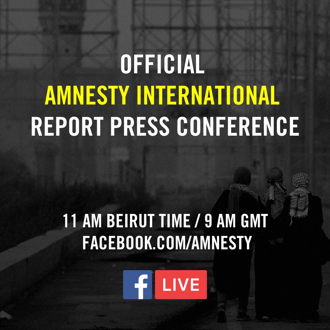 amnesty's tweet photo. It will focus on the policies &amp; practices of the Israeli government towards Palestinians across all territories under its control &amp; sets out Israel’s obligations under international law. Watch this space tomorrow, 1 Feb, @ 9:00am GMT for full report. Live press conference on FB. https://t.co/vjlzakfwhi
