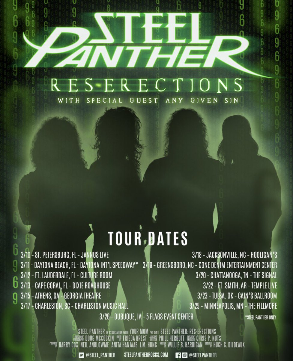 We are stoked and can't wait to kick this off. 
First stop Jannus Live in St. Petersburg, FL 

#AnyGivenSin #SteelPanther #Tour #ReErections #TicketsAvailable #Rock #Metal #Madness #LiveMusic #Loud #LetsDoIt #ItsARockShow