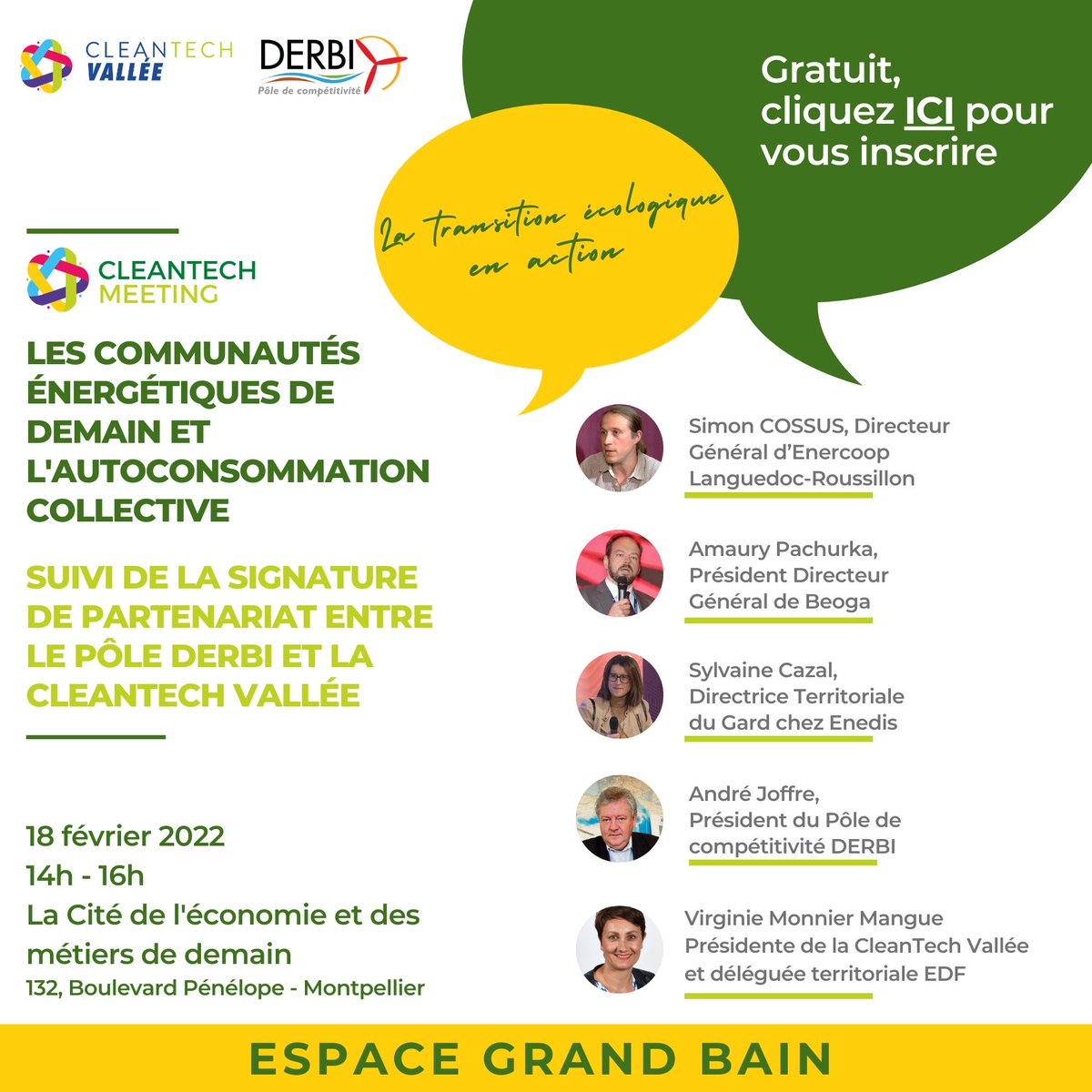 📢 Venez assister au #CleanTech Meeting sur les communautés énergétiques et l'autoconsommation collective, le 18 février, de 14 h à 16 h à Montpellier.
📜🖋️ La conférence sera suivie de la signature de partenariat avec le <a href="/pole_DERBI/">Pôle DERBI</a>.
Inscrivez-vous : swll.to/aYC0k