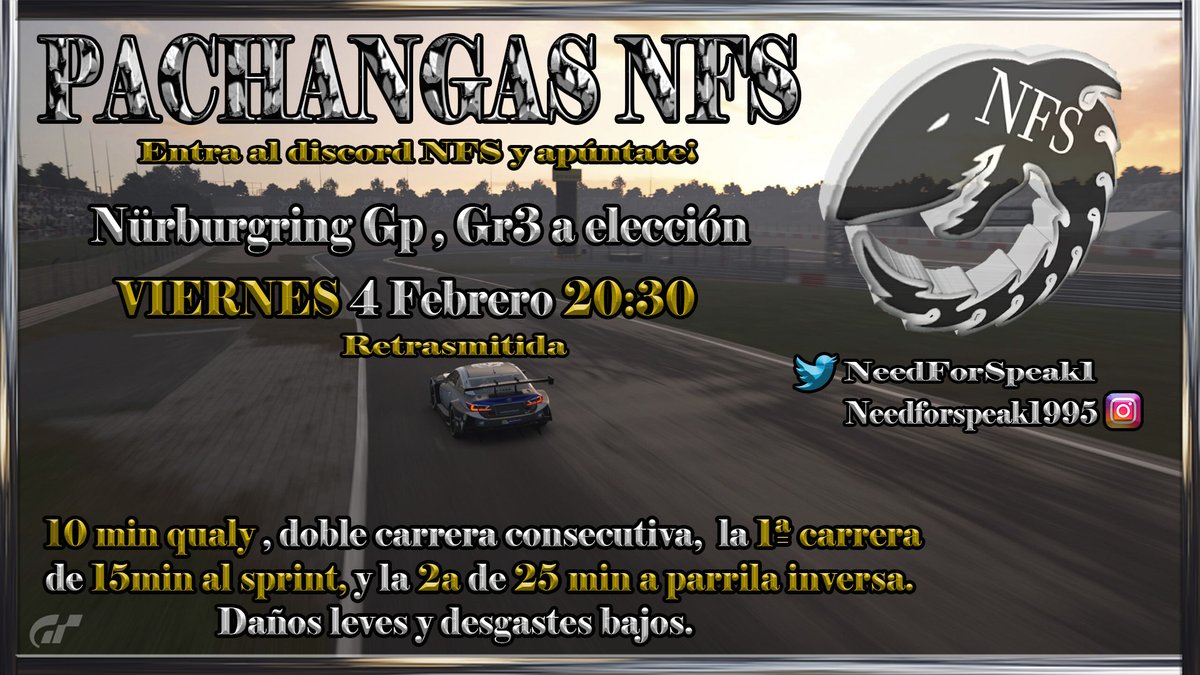 Empezamos con las PACHANGAS NFS, con la intención de reunirnos y disfrutar de un buen rato los viernes a las 20:30 💪👏

Si quieres apuntarte entra en este enlace discord⬇️ discord.gg/BXSYvBBJ6W

Luego busca la carpeta de "Inscripciones pachangas" y apúntate 🎉

#PACHANGASNFS