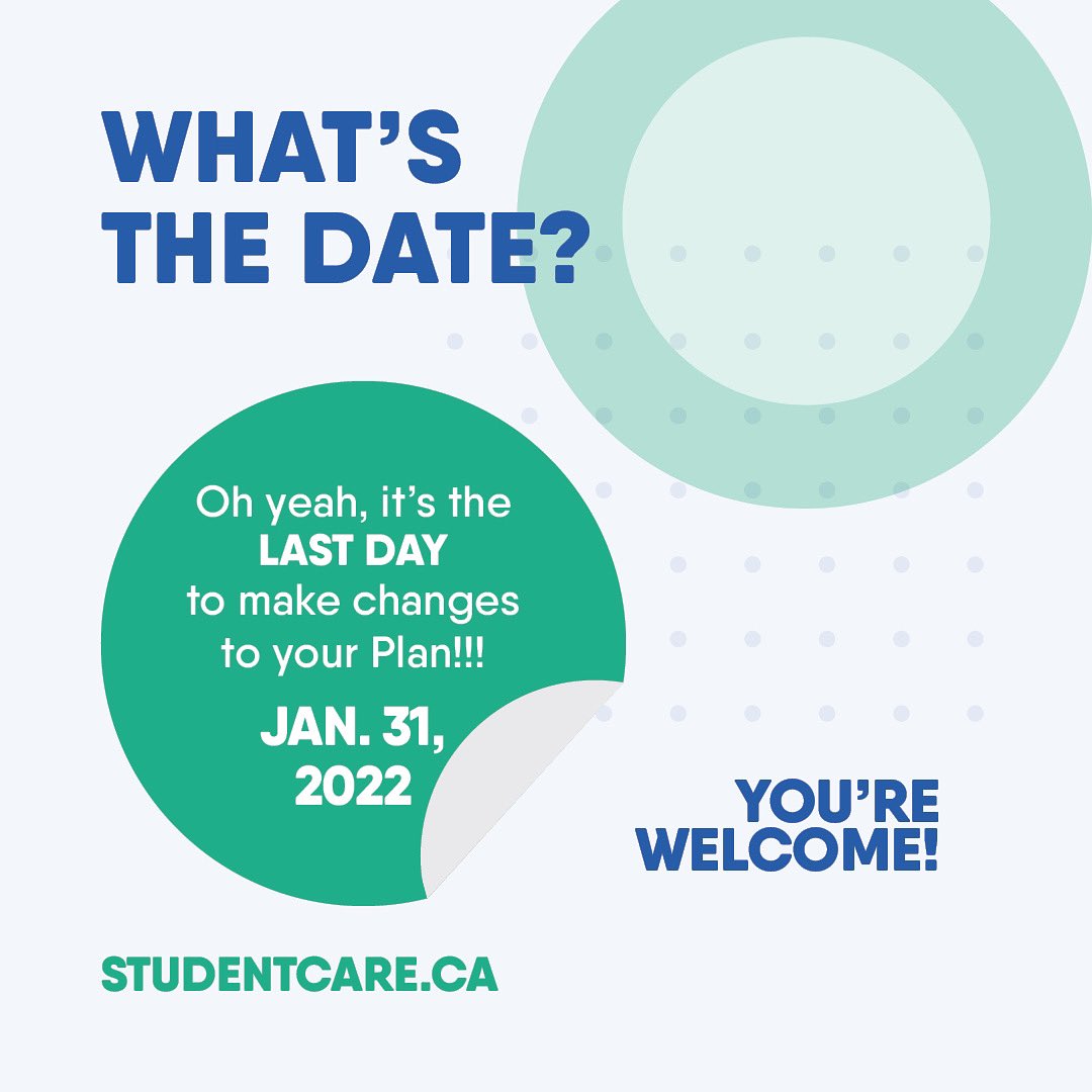 UTGSU's tweet photo. Happy new week! Todayโs the last day to make any changes to your health and dental coverage this semester.
.
.
#uoft #uoftlife #utgsu #healthanddentalinsurance https://t.co/NaOfchRuLB