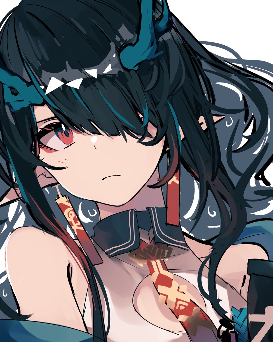 dusk (arknights) 1girl solo black hair red eyes horns pointy ears hair over one eye  illustration images