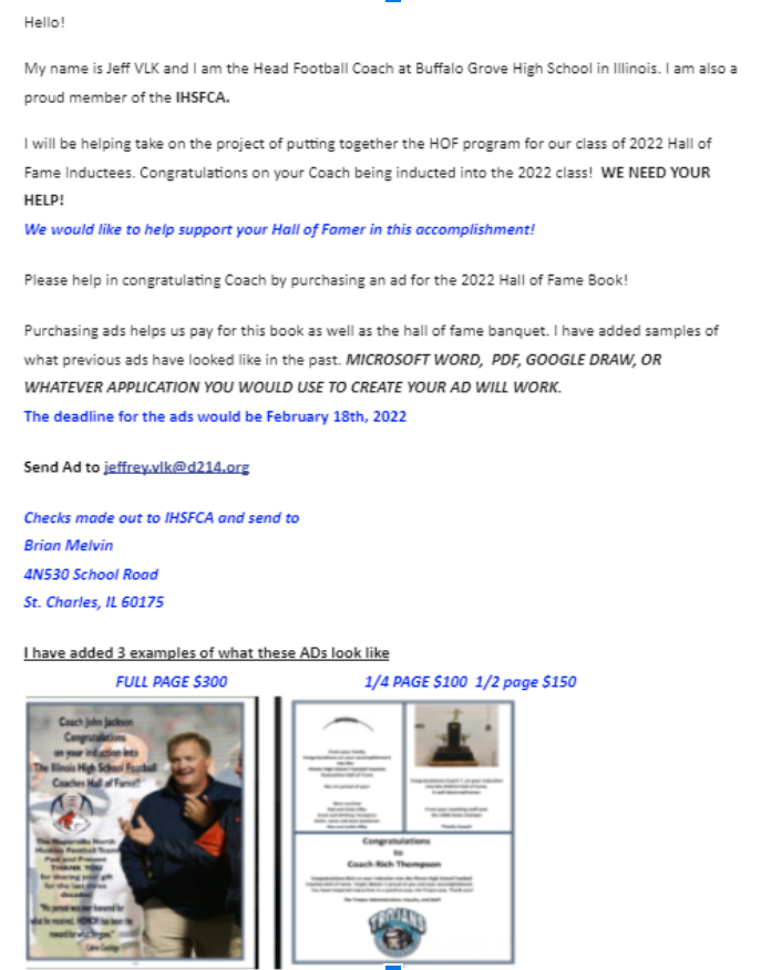 BGHITMEN's tweet image. Coach Mike Allen from @GcmsFalcon has been inducted into the @IHSFCA1
 HOF Class '22. Please support coach! Read message below and contact me if you have any questions!
You can email me directly or DM me if you would like to purchase an ad @chadaug79 @EDGYTIM @DeepDishFB