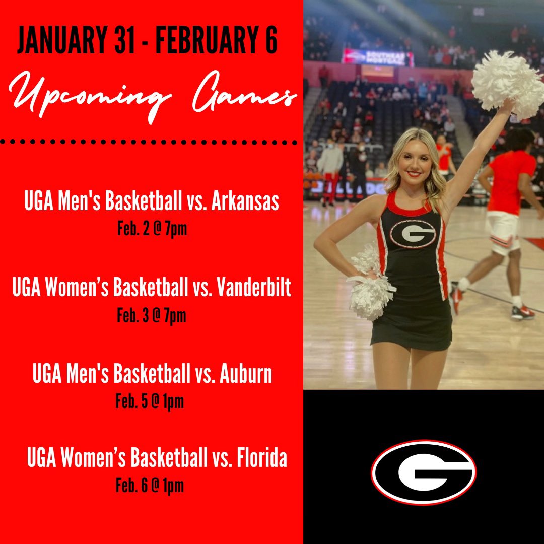 We have a busy week ahead! Make sure to join us this week in the Steg to support the UGA Bulldogs! We are so excited🐶🏀

#GoDawgs #UGADanceDawgs #Basketball