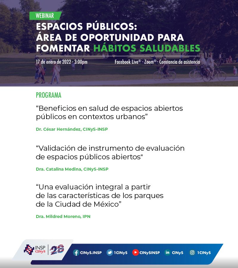 ¡Por si te lo perdiste! 
En este #webinar, el Dr. <a href="/cesar_halc/">César Hernández Alcaraz</a>, la Dra. <a href="/Medina_Kt/">Catalina Medina, Ph.D.</a>  y la Dra. Mildred Moreno nos platicaron sobre los beneficios a la salud de los espacios públicos abiertos.

Puedes revivirlo en 👉 youtu.be/bJE6VQX5YdU