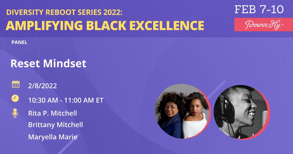 thenewbritt's tweet photo. Kicking off #BlackHistoryMonth with a bang!  @PowertoFly Diversity Reboot Series 2022: Amplifying Black Excellence. Our "Reset Mindset" talk will be moderated by the fabulous Maryella Marie!! #blackexcellence #diversitytalks @ritapmitchell 

https://t.co/5hPNcQX52G https://t.co/kOwRP6fBvD