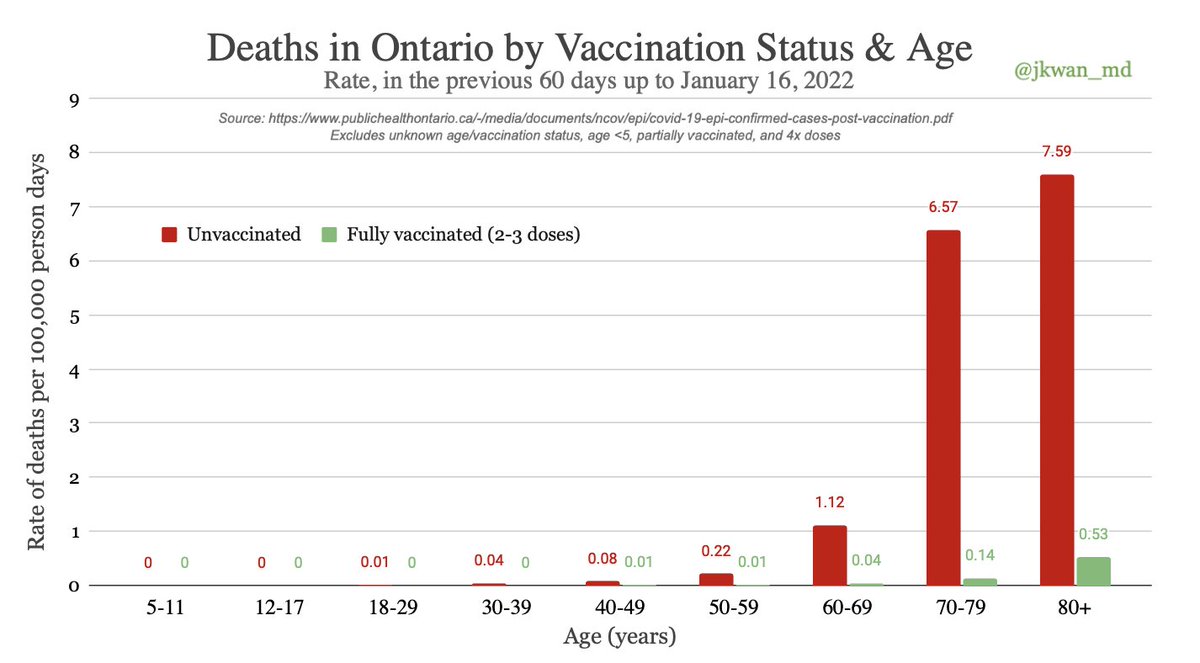 #Covid19 Deaths in Ontario💀

Risk for 🔴unvaxed vs. 🟢vaxed:
50's: 22x
60's: 28x
70's: 47x
80+: 14x
#VaccinesWork #VaccinesSaveLives
Data source: publichealthontario.ca/-/media/docume…