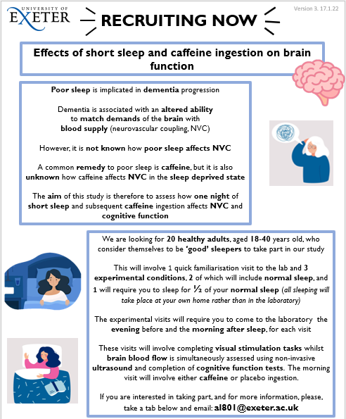 🌟Participants wanted🌟
How does short sleep &amp; caffeine ingestion affect measures of brain function? 💤🧠 We are looking for healthy young adults to take part in our current study - see below and please email al801@exeter.ac.uk to find out more! <a href="/UniofExeter/">University of Exeter</a> <a href="/UofE_Research/">Research at Exeter</a>