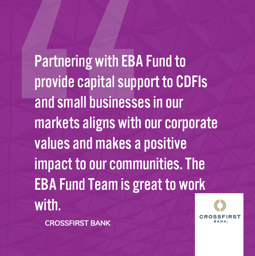 EBAFund's tweet photo. Thank you to one of our newest partners, CrossFirst Bank! By purchasing loans from EBA Fund, CrossFirst supports CDFI microlenders and small businesses in Dallas. #bankpartner #CRA #smallbusiness https://t.co/9HpKVNqFv3